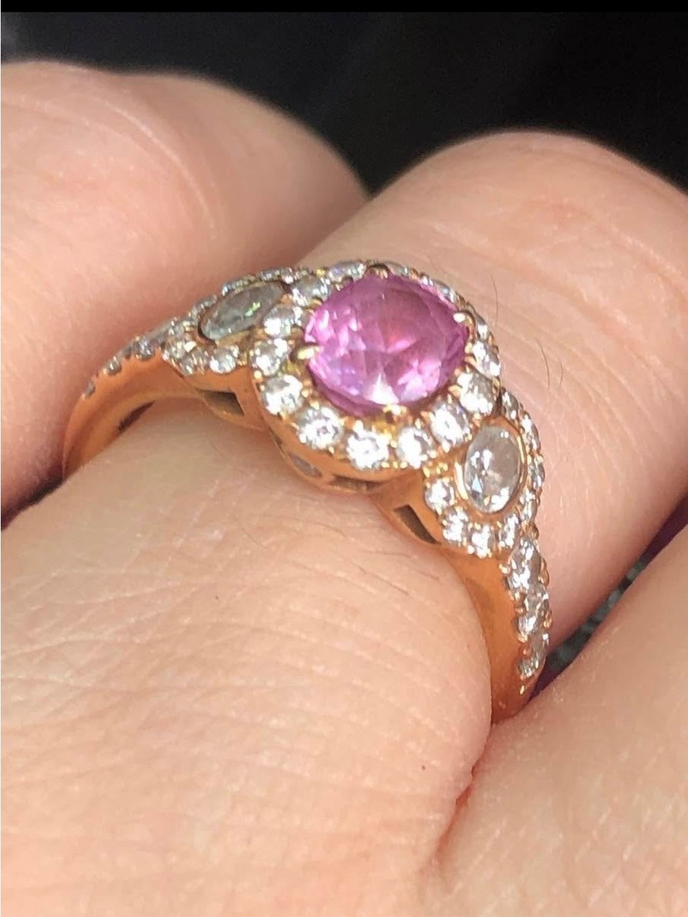 Pink Centerstone Halo Rose Gold Ring with diamond Accent Stones - Women Jewelry